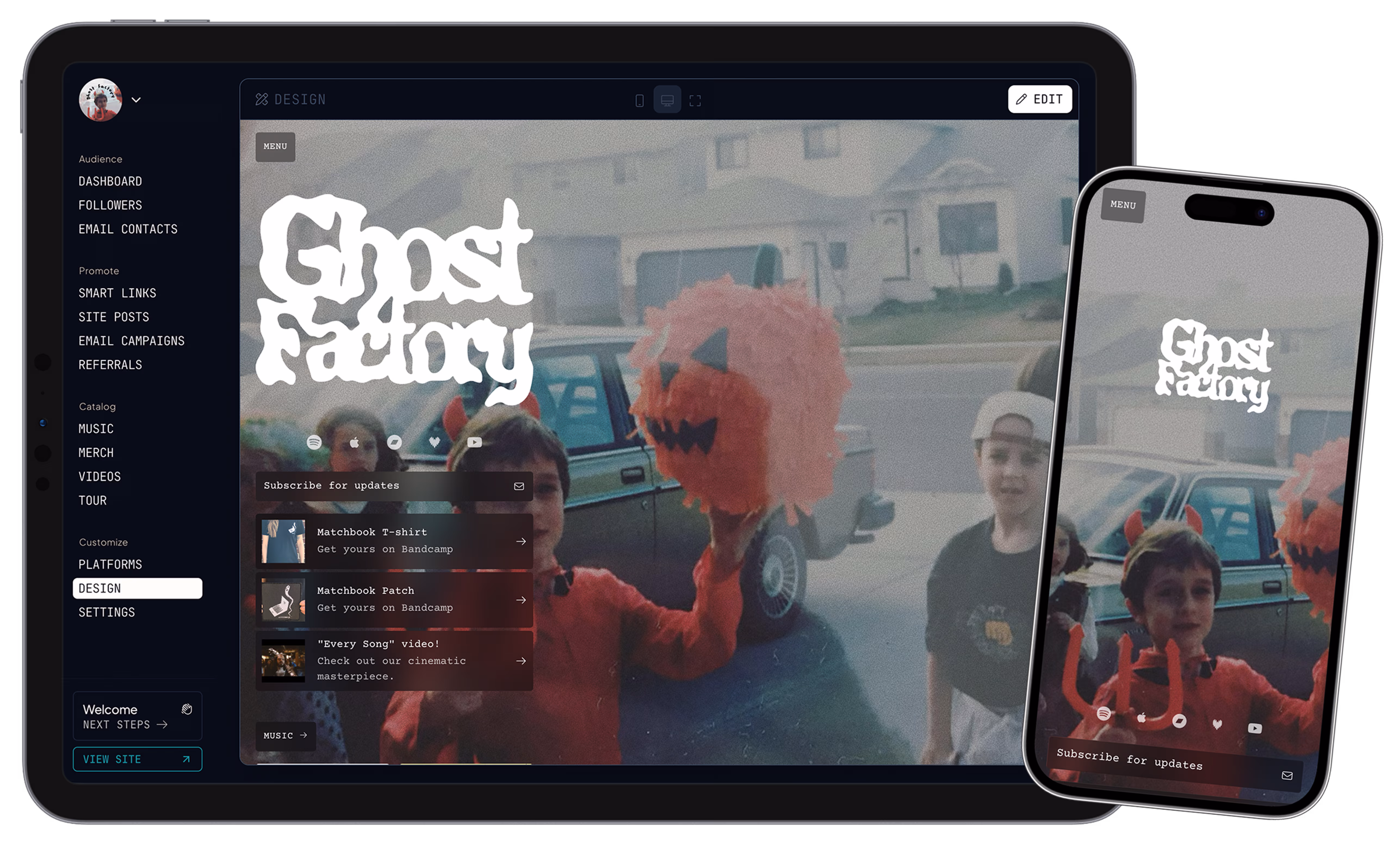 Bandweb design preview on tablet and phone showing Ghost Factory artist site